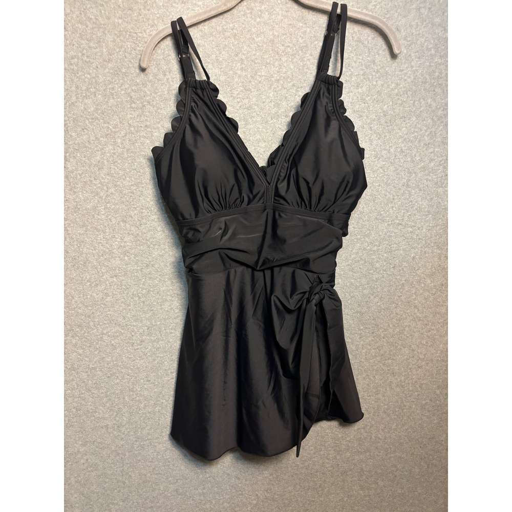 Charmo Black Swim Dress One Piece Swimsuit Scallop Trim Tummy Control L